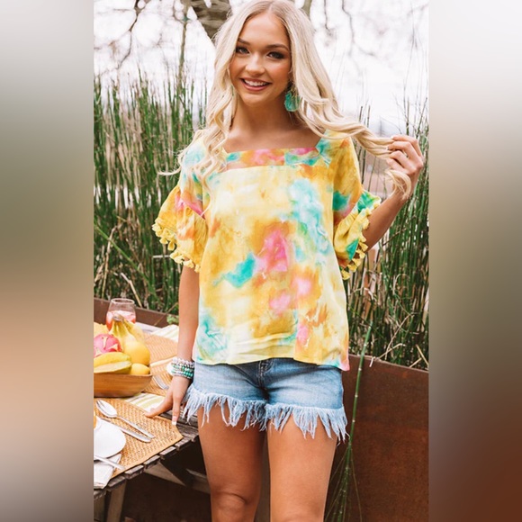 Fate Sun And Fun Watercolor vibrant yellow Top multicolored Short Sleeves size S - Picture 4 of 10